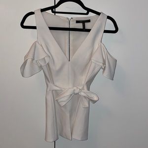 BCBG elegant, white off the shoulder women’s blouse.